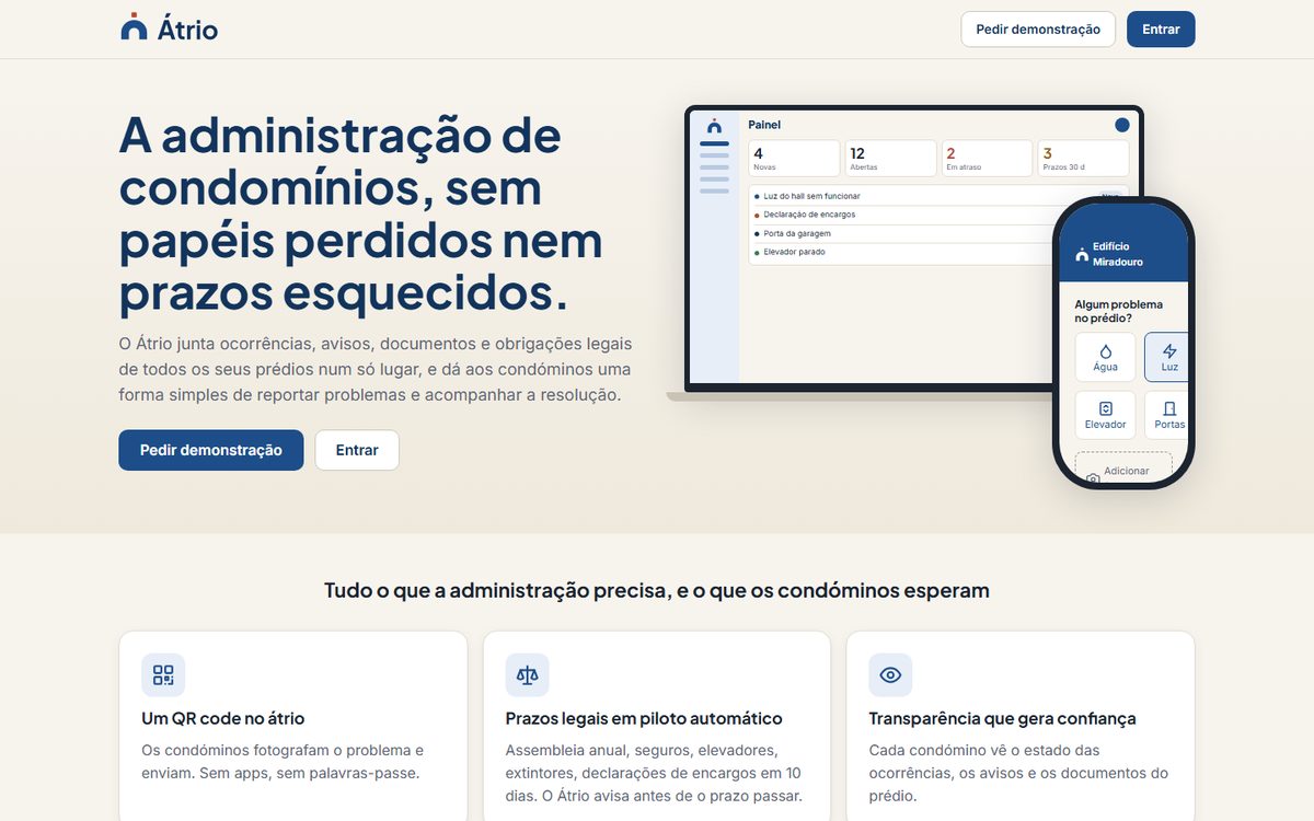 Átrio: building management software dashboard and resident reporting screen