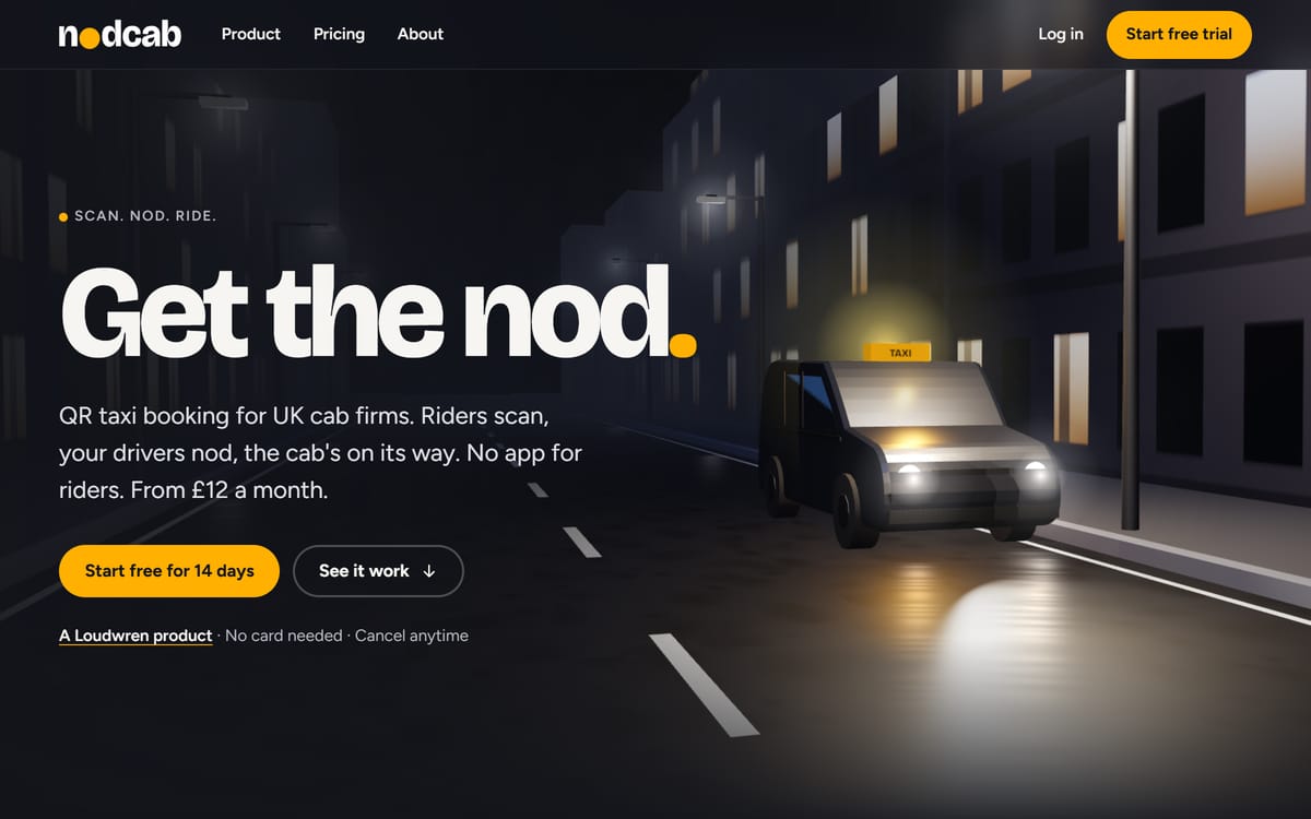 Nodcab: QR taxi booking website with a 3D night street and a cab with its roof light on